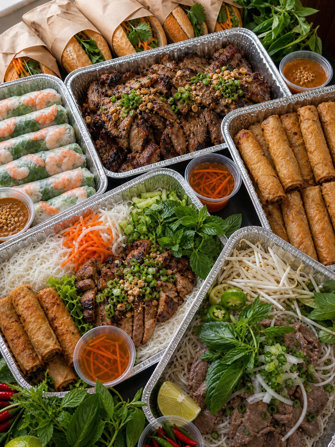 A Phở Rolls catering spread with hotpot, fresh rolls, bún bò Huế, and bún thịt nướng chả giò