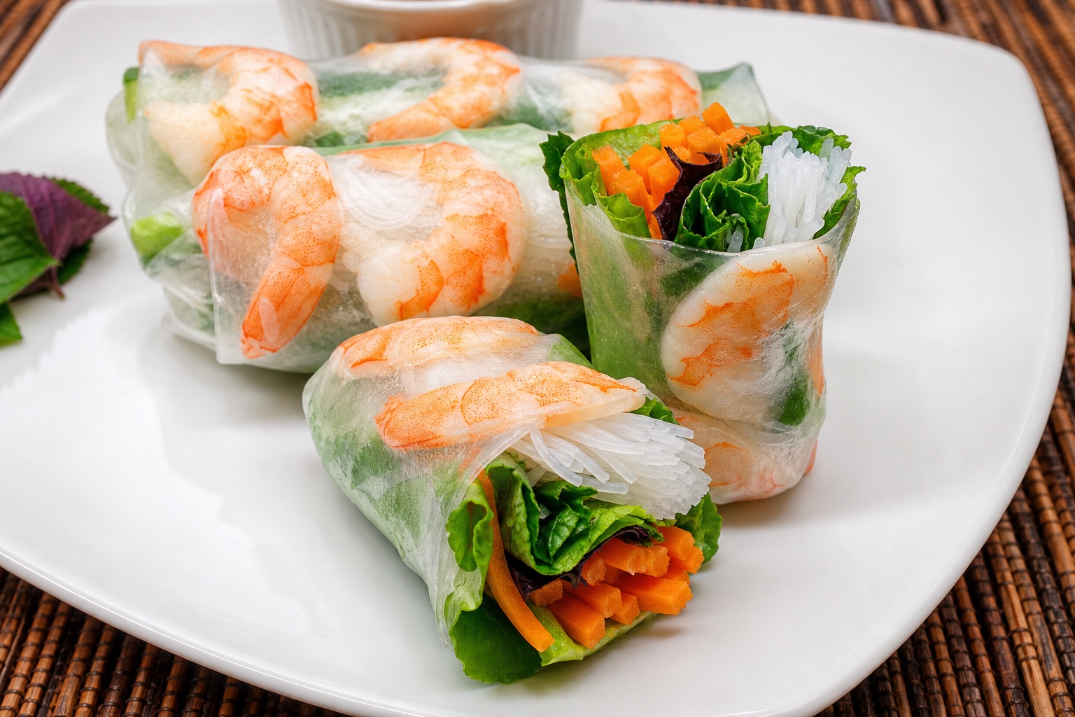 Fresh gỏi cuốn with shrimp, herbs, vermicelli, lettuce, carrots, and rice paper