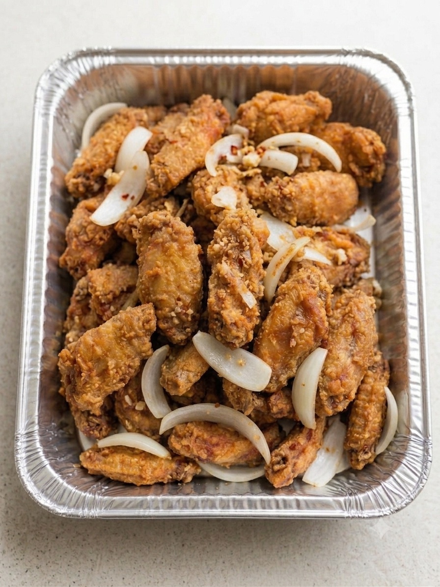 A Phở Rolls catering tray of fried chicken wings with sliced onions