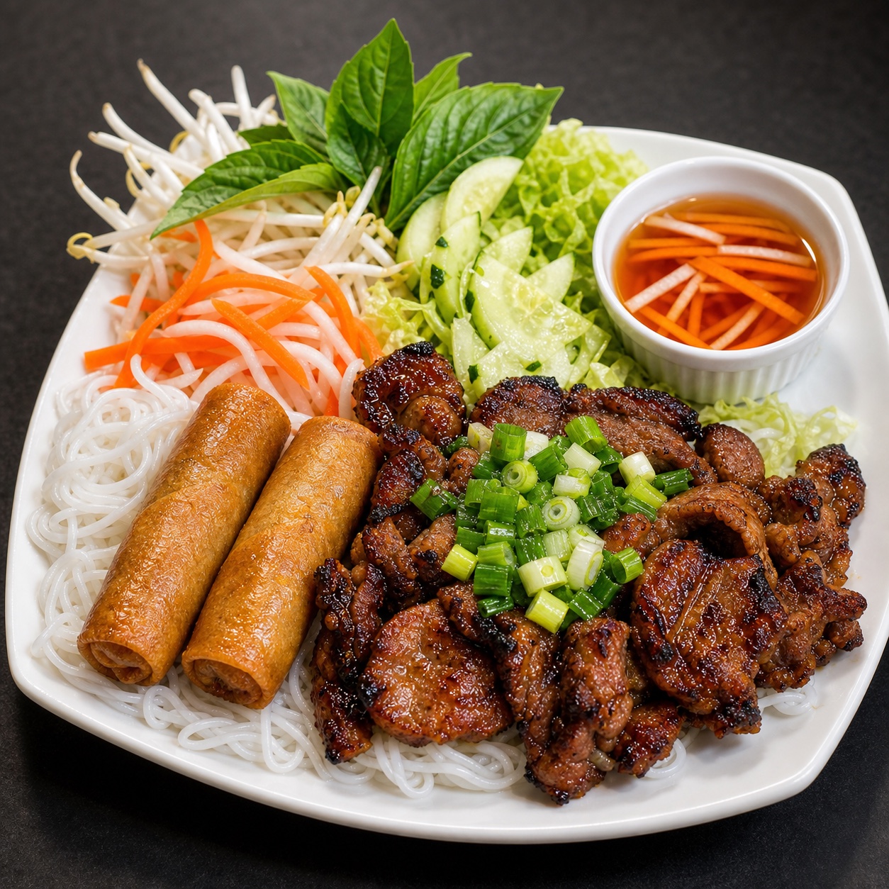 Bún thịt nướng chả giò with grilled pork, egg rolls, vermicelli, herbs, pickled vegetables, and nước chấm